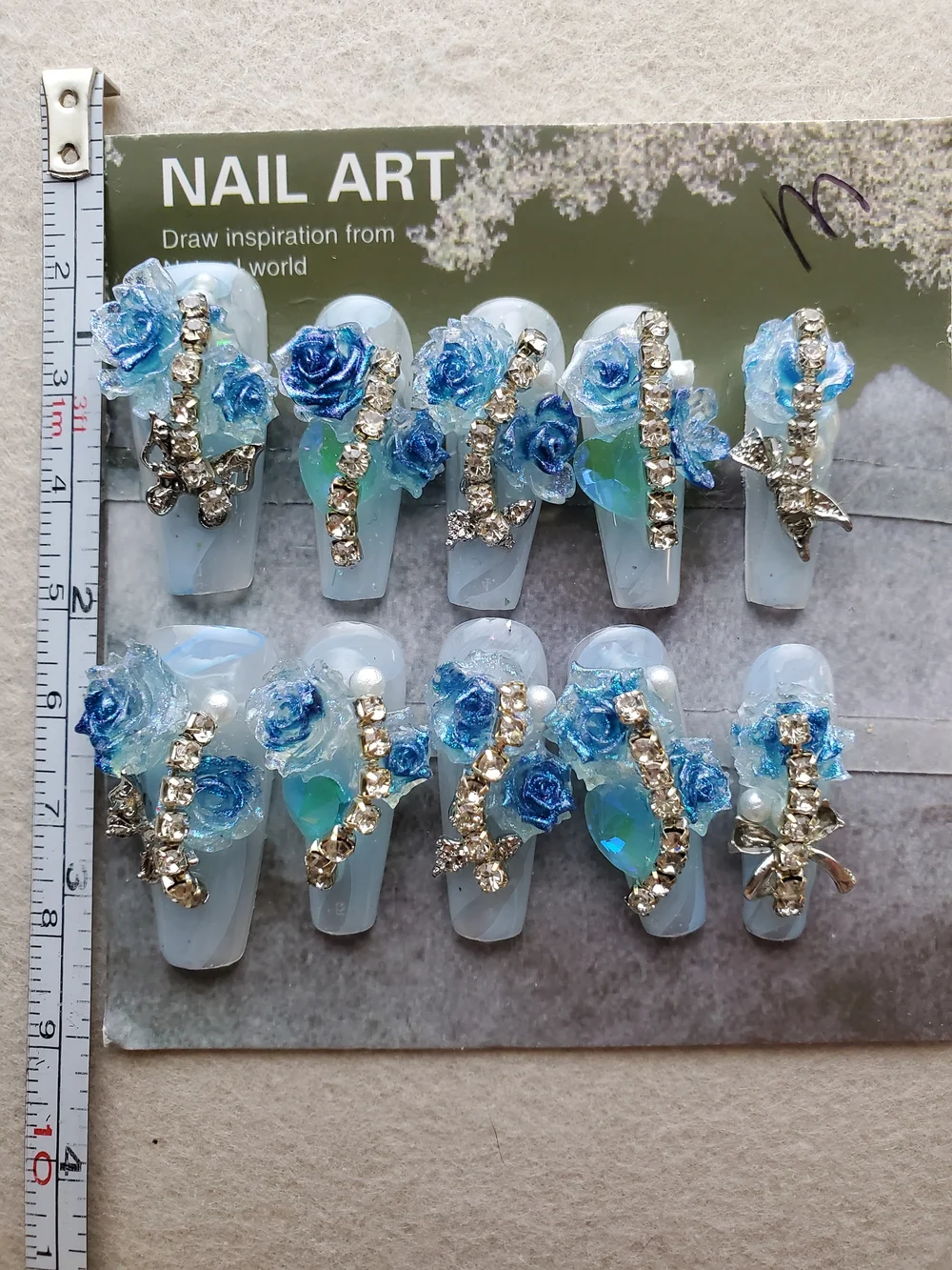 Blue Grotto 🩵 3D Floral Crystal Press-On Nails